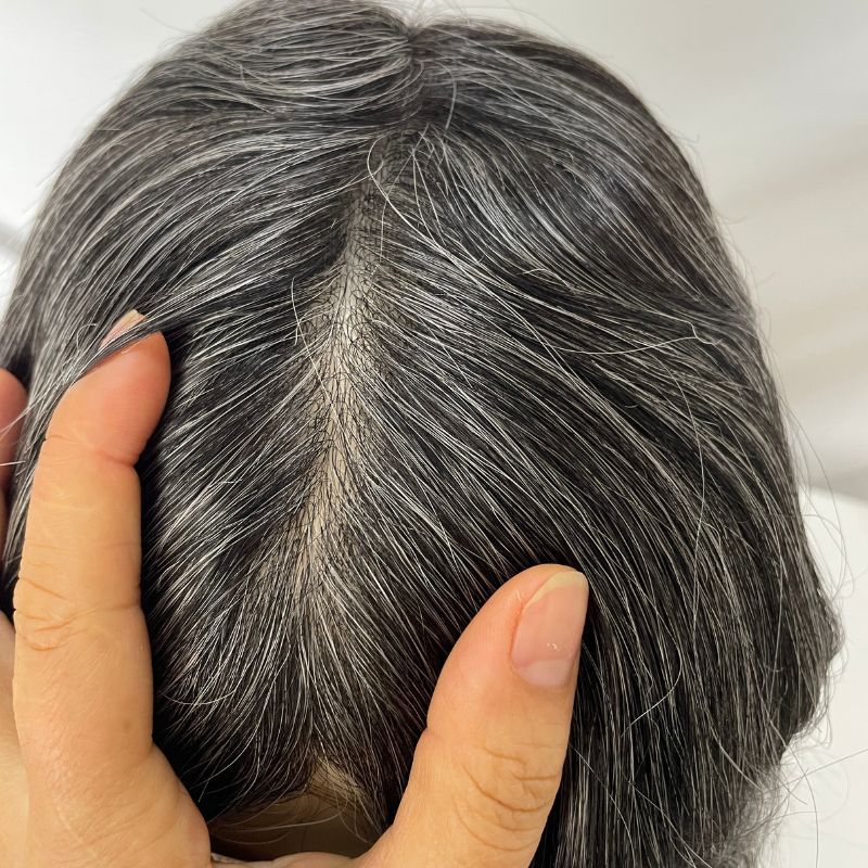Pwigs Toupee for Men Full Thin Skin PU Cap Base 12inch Long European Human Hair Men Toupee Natural Hairline Hair System 1b Mixed with 60% White Hair Men Wigs