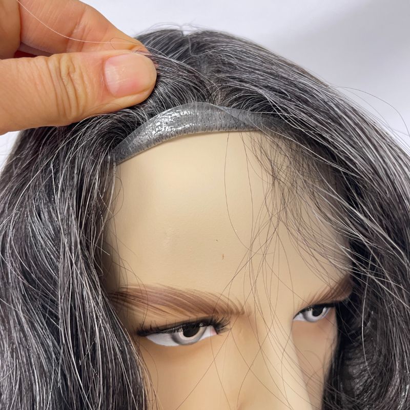 Pwigs Toupee for Men Full Thin Skin PU Cap Base 12inch Long European Human Hair Men Toupee Natural Hairline Hair System 1b Mixed with 60% White Hair Men Wigs