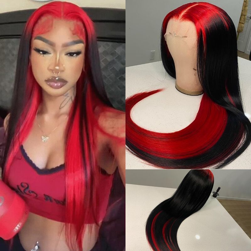 Ombre Lace Front Wig Demon Red & Black Two Tones Long Straight 13x4 Human Hair Lace Wig Colored Human Hair Wigs For Women 150%