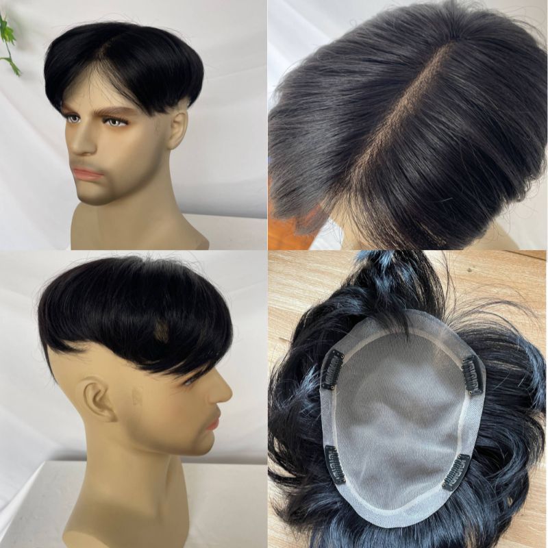 Pwigs Toupee for Men 100%Human Hair Toupee Swiss Lace Toupee For Men With NPU Around Clip In Hair System Toupee 1B Color Hair Piece European Human Hair Men Toupee Natural Hairline Hair System Hair Men Wigs