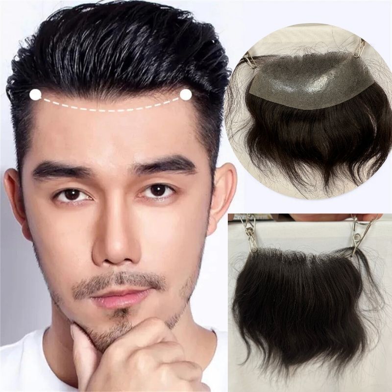 Men's V Loop Frontal Toupee PU Human Hair Hairline 100% Real Human Hair  Male Replacement  1B Natural Black Hair Patch