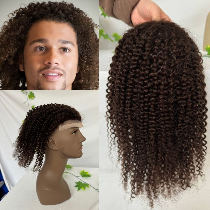 12 Inch Long Kinky Curly Men's Hair 100% Human Hair Toupee for Black Men 8x10 Mono Lace with PU Hair System 3#Brown Hair Replacement