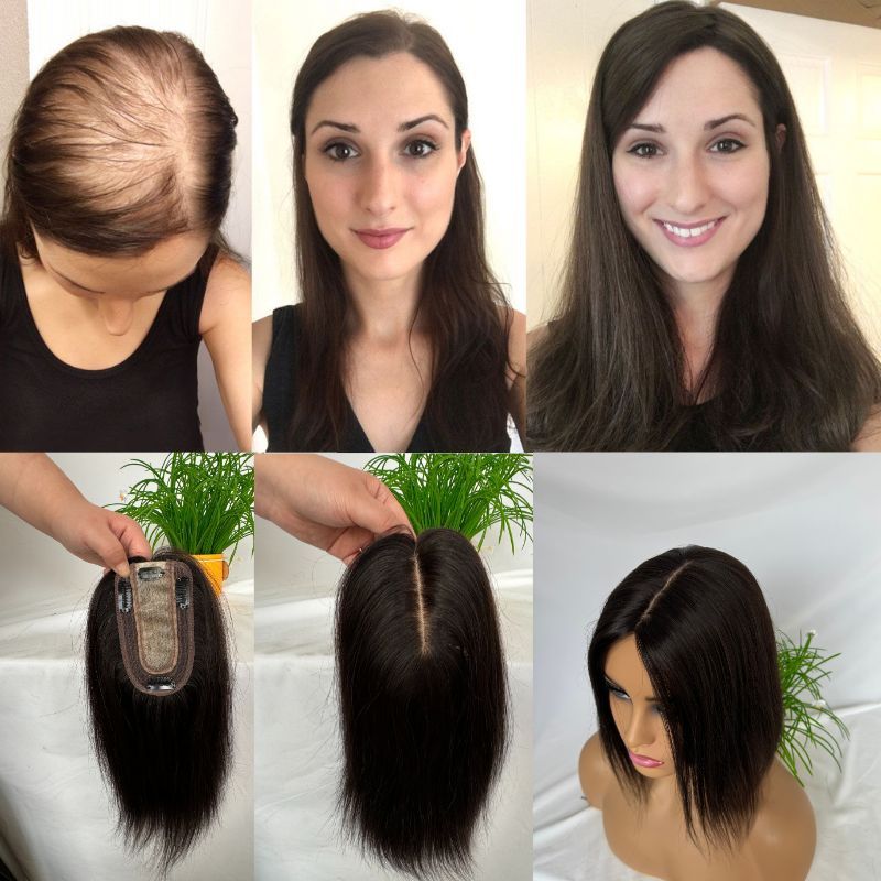 Natural Black 7x13cm Silk Base Human Hair Topper With Clips In Silk Top 100%  Cambodian Human  HairToupee for Women Hairpiece