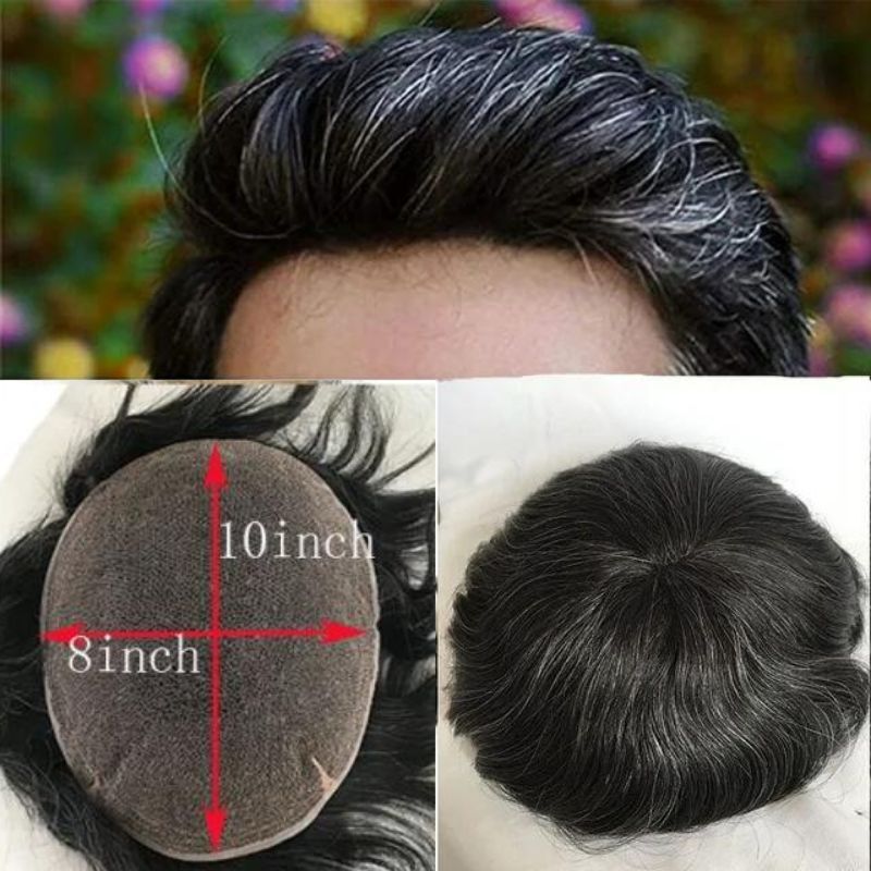 Swiss Full Lace Men's Toupee 1B20 Color 80% European Human Black Hair Mixed with 20% White Synthetic Hair Toupee For Men 8 x10 Inch Lace Mens Wigs Hair System