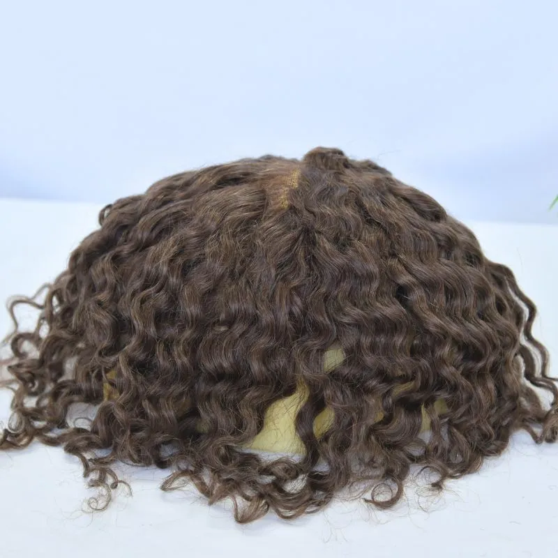 Pwigs Swiss Full Lace Men's Toupee 4 Brown Color 100% European Human Hair System 8 x10 Inch Lace Mens Wigs Loose Curly Hair System