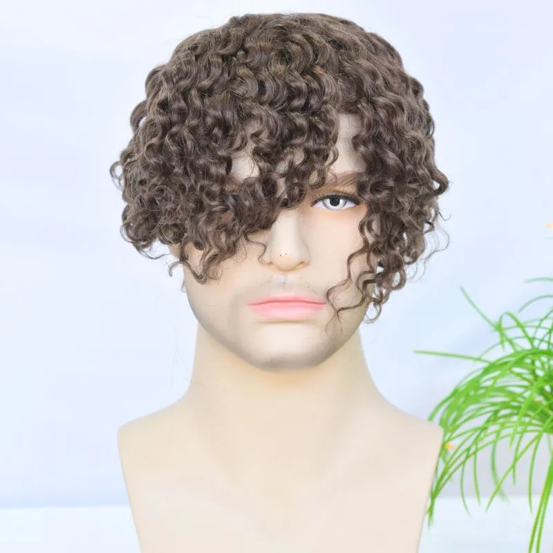 Pwigs Swiss Full Lace Men's Toupee 4 Brown Color 100% European Human Hair System 8 x10 Inch Lace Mens Wigs Loose Curly Hair System
