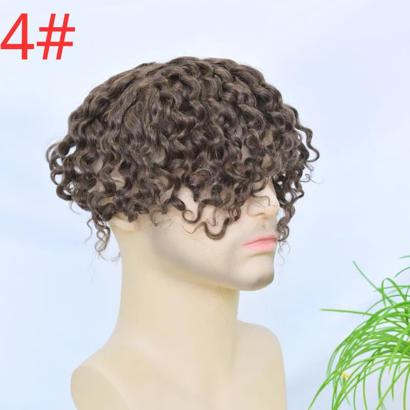 Pwigs Swiss Full Lace Men's Toupee 4 Brown Color 100% European Human Hair System 8 x10 Inch Lace Mens Wigs Loose Curly Hair System