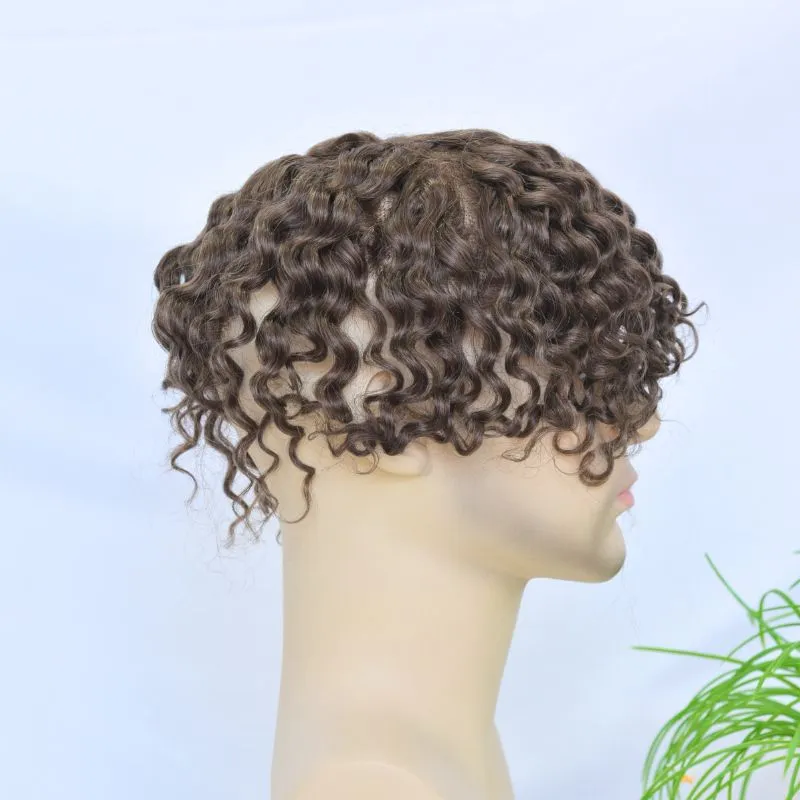 Pwigs Swiss Full Lace Men's Toupee 4 Brown Color 100% European Human Hair System 8 x10 Inch Lace Mens Wigs Loose Curly Hair System