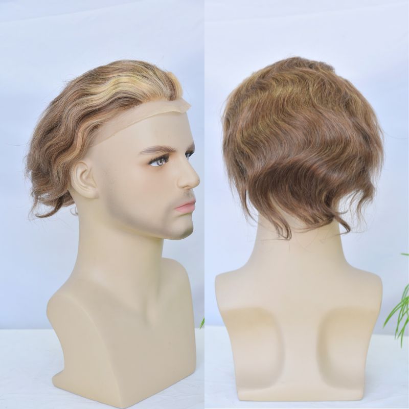 Pwigs Full French Lace Men's Toupee 4 mix 27 mix 613 Color 100% European Human Hair Toupee For Men 8 x10 Inch Lace Mens Wigs Hair System