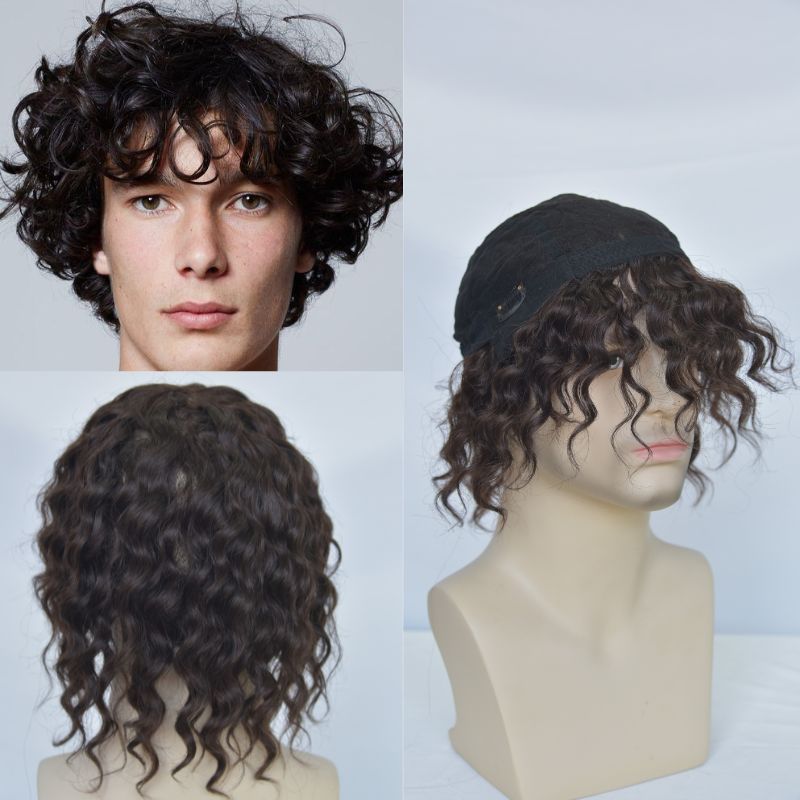 Human Hair Wigs 100% Cambodian Human Hair Short  Natural Brown Loose Curly Wigs for Man and Woman 7 Inch Clip in Wigs