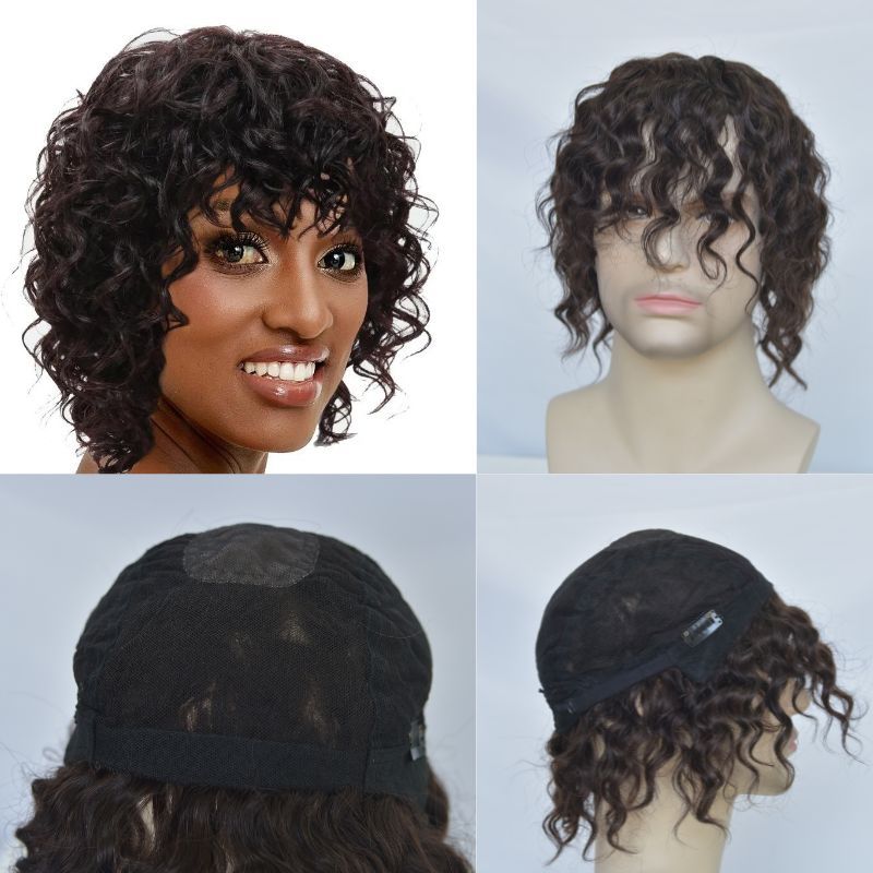 Human Hair Wigs 100% Cambodian Human Hair Short  Natural Brown Loose Curly Wigs for Man and Woman 7 Inch Clip in Wigs