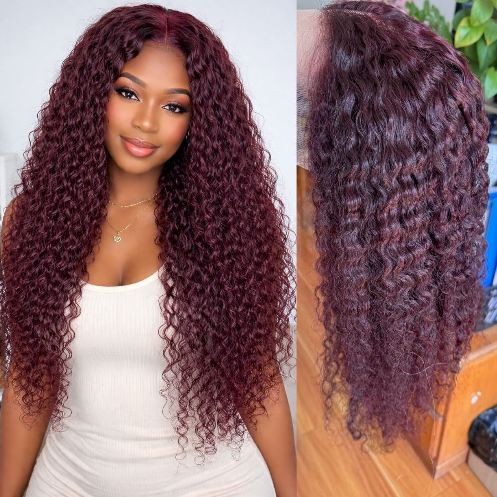 13X4 Hd Lace Front Wig Kinky Curly Cambodian Hair Wigs  Dark  Purple Wine Colored Human Hair Wigs Lace Glueless Wig
