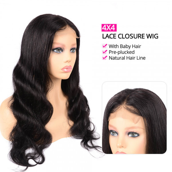 Benita Hair Quality Natural Color Body Wave Virgin Human Hair 4*4 Lace Closure Wigs