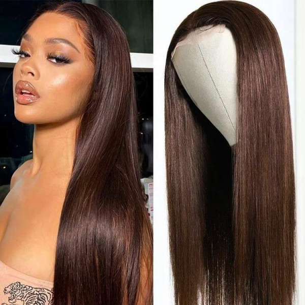 Benita Chocolate Brown Color （#4） Human Hair Straight and Wave Lace Front Wig 180% 200% Density