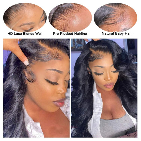 Benita Hair Gluless Pre-plucked Natural Hairline Body Wave 13x6 Clear lace Human Hair Front Wig 150%, 180%, 200%
