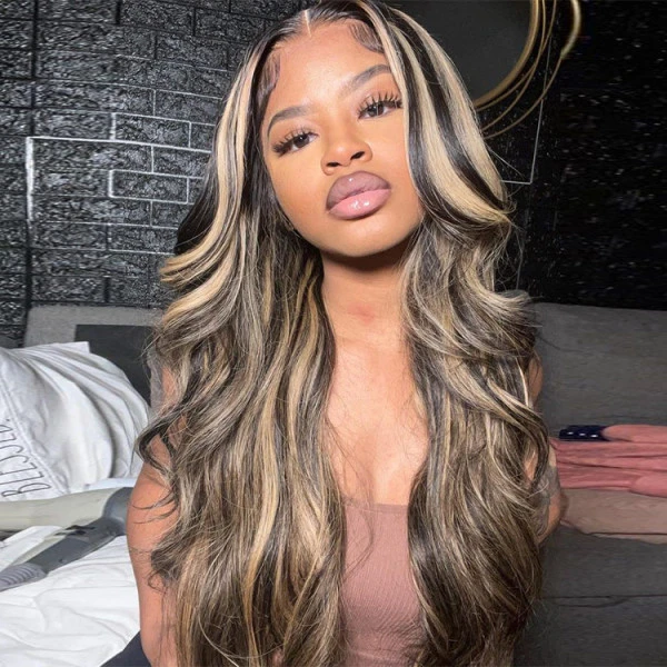 Benita  Hair Highlight  Piano  #1B/27 Color 100% Virgin Human Hair Lace Front Wig 150% , 180%, 200%