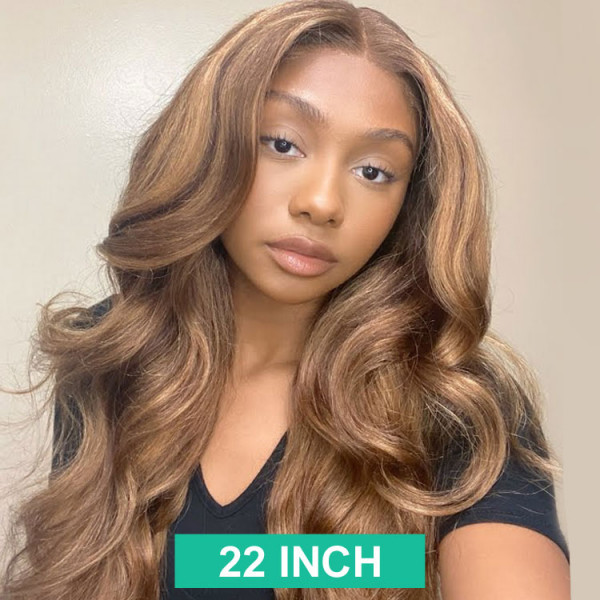 Benita  Hair Dark Brown Color (#4 ) Highlight with Honey Blonde(#27) Color Human Hair Lace Front Wig 150% , 180%, 200%