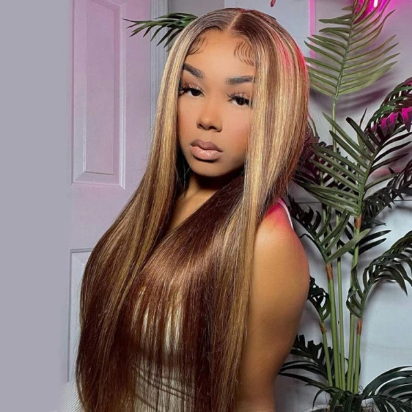 Benita  Hair Dark Brown Color (#4 ) Highlight with Honey Blonde(#27) Color Human Hair Lace Front Wig 150% , 180%, 200%