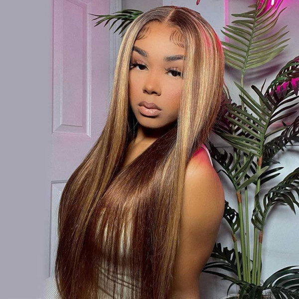Benita  Hair Dark Brown Color (#4 ) Highlight with Honey Blonde(#27) Color Human Hair Lace Front Wig 150% , 180%, 200%
