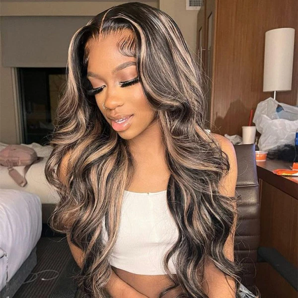 Benita  Hair Highlight  Piano  #1B/27 Color 100% Virgin Human Hair Lace Front Wig 150% , 180%, 200%