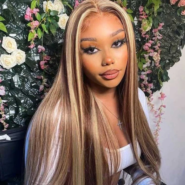 Benita  Hair Ombre Highlight Color Brown with Platinum Blonde (4/613) Quality Virgin Human Hair Clear Lace Front Wig 150% , 180%, 200% 250%