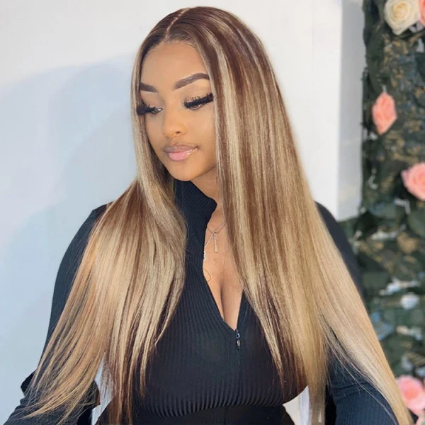 Benita  Hair Ombre Highlight Color Brown with Platinum Blonde (4/613) Quality Virgin Human Hair Clear Lace Front Wig 150% , 180%, 200% 250%
