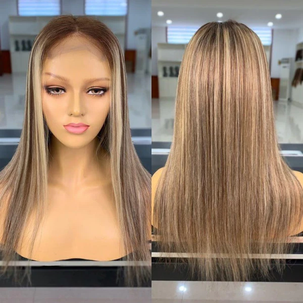 Benita  Hair Ombre Highlight Color Brown with Platinum Blonde (4/613) Quality Virgin Human Hair Clear Lace Front Wig 150% , 180%, 200% 250%