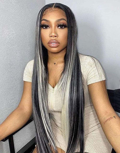 Benita  Hair Highlight Color Black with Platinum Blonde (1b/613) Quality Virgin Human Hair Clear Lace Front Wig 150% , 180%, 200% 250%