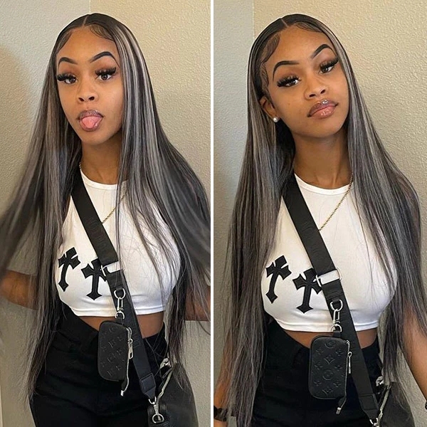 Benita  Hair Highlight Color Black with Platinum Blonde (1b/613) Quality Virgin Human Hair Clear Lace Front Wig 150% , 180%, 200% 250%
