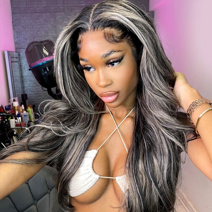 Benita  Hair Highlight Color Black with Platinum Blonde (1b/613) Quality Virgin Human Hair Clear Lace Front Wig 150% , 180%, 200% 250%