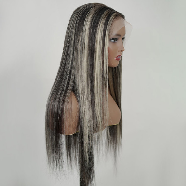 Benita  Hair Highlight Color Black with Platinum Blonde (1b/613) Quality Virgin Human Hair Clear Lace Front Wig 150% , 180%, 200% 250%