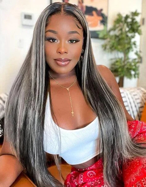 Benita  Hair Highlight Color Black with Platinum Blonde (1b/613) Quality Virgin Human Hair Clear Lace Front Wig 150% , 180%, 200% 250%
