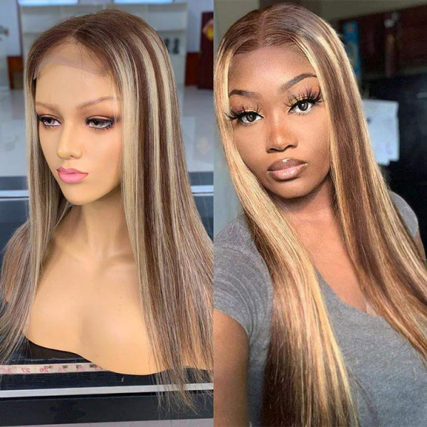 Benita  Hair Ombre Highlight Color Brown with Platinum Blonde (4/613) Quality Virgin Human Hair Clear Lace Front Wig 150% , 180%, 200% 250%
