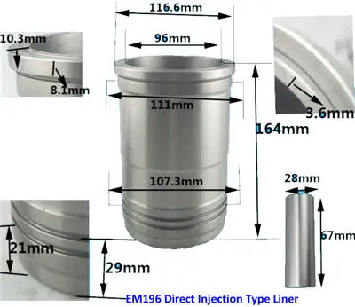 Cylinder Liner(Sleeve)+Piston Kit(6PC Set) For EM196 Direct Injection Model Single Cylinder Water Cool Diesel Engine