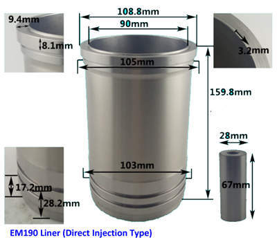 Cylinder Liner(Sleeve)+Piston Kit(6PC Set) For EM190 Direct Injection Model Single Cylinder Water Cool Diesel Engine