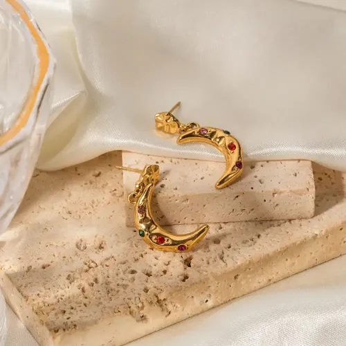 JDET51 Stainless Steel Crescent Pendant Colorful Zircon Earrings