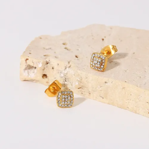JDET59 18K Gold Inlaid Round White Zircon Square Stud Earrings For Women