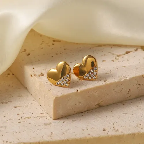 JDET102 18k Gold Stainless Steel Heart Zirconia Stud Earrings