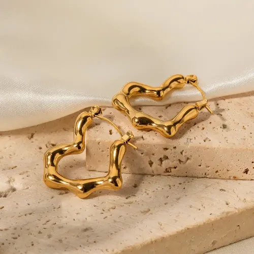 JDET117 Gold Plated Stainless Steel Bamboo Heart Earrings