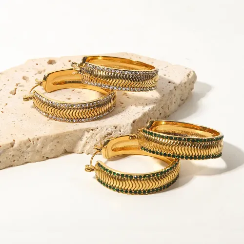 JDET80 Gold Plated Rippled White Zirconia Double Inlay Geometric Earrings