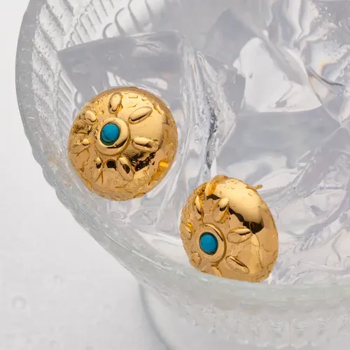 JDET847 Titanium Steel Gold Plated 18K Gold Stainless Steel Inlaid Turquoise Sun Round Pendant