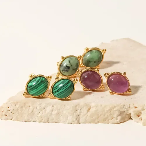 JDET521 18K Gold Plated Women's Stainless Steel Oval Green Malachite/African Pine Stone/Amethyst Stud Earrings