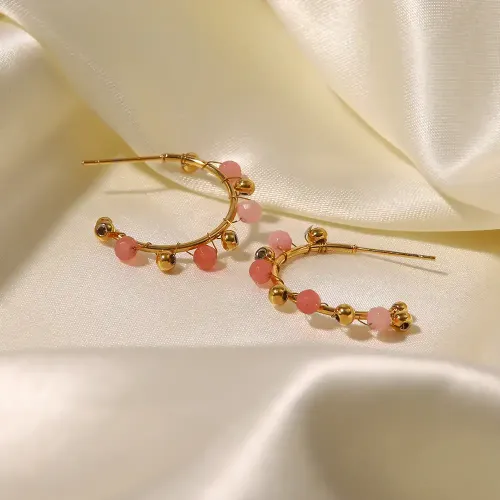 JDET137 C-shaped inlaid pink natural stone earrings