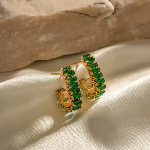 JDET418 Jewelry 18K gold-plated U-shaped green zircon stainless steel earrings