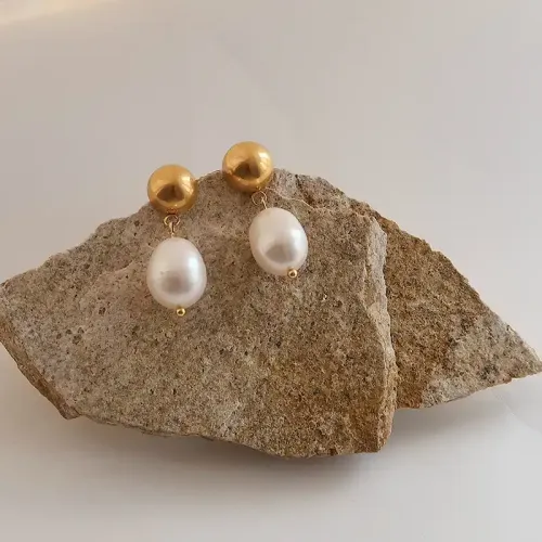 JDET381 Gold Plated Stainless Steel Freshwater Pearl Earrings
