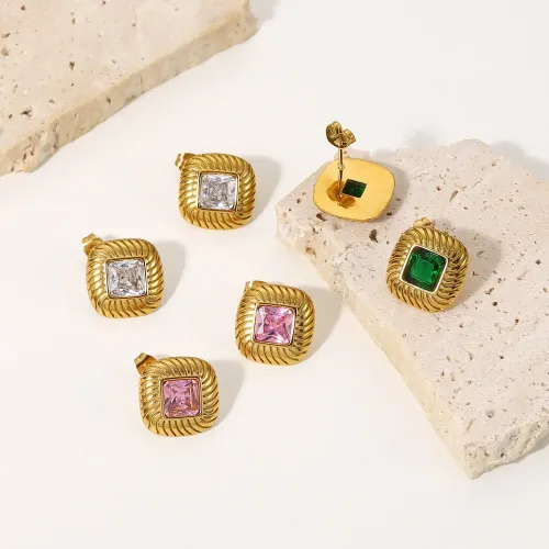 JDET329 18K gold plated square button stainless steel cubic zirconia earrings