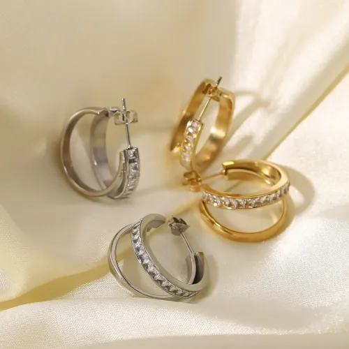 JDET462 Gold Plated Double Layer Zircon Stud Earrings Jewelry Ladies