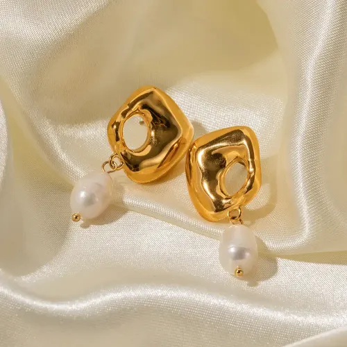 JDET560 18k gold stainless steel freshwater pearl irregular pendant earrings jewelry wholesale