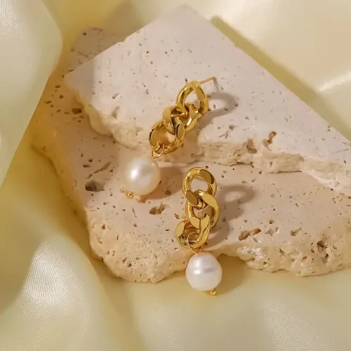 JDET495 Baroque Pearl Drop Geometric Stainless Steel Cuban Strand Freshwater Pearl Earrings