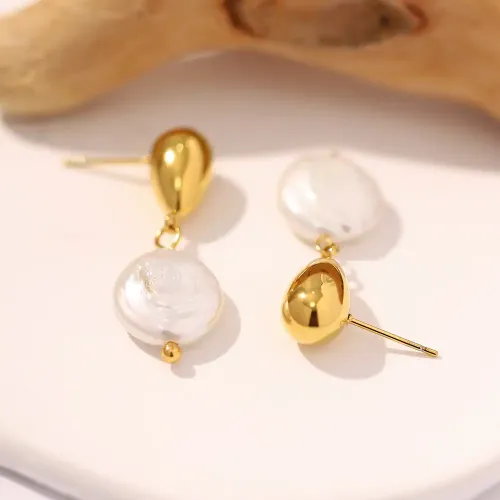 JDET242 Stainless steel natural freshwater pearl drop earrings